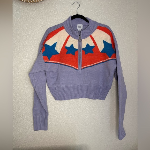 UO BDG Jesse Half-Zip Sweater Small Lavendar Stars Cropped Boxy - Picture 6 of 7